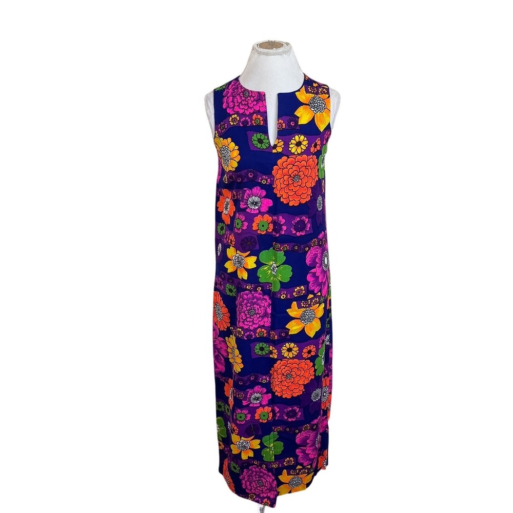 Vintage 70s Psychedelic Hawaiian Floral Maxi Dress Small Mod Hippieβ Tropical